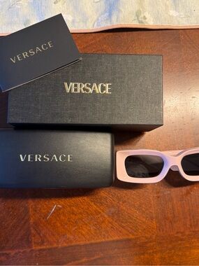 Versace Pastel Pink Rectangular Sunglasses with Dark Lenses